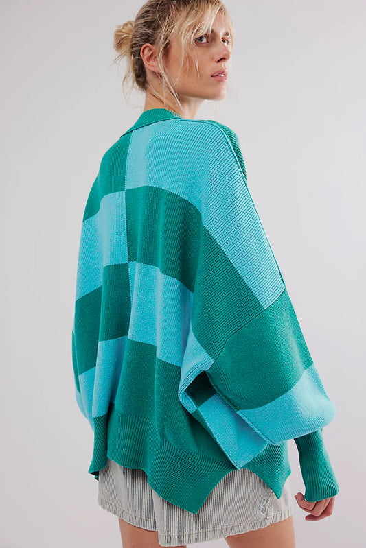 Green Checkered Side Slits Drop Shoulder Oversized Sweater Sweaters JT's Designer Fashion