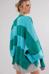 Green Checkered Side Slits Drop Shoulder Oversized Sweater Sweaters JT's Designer Fashion