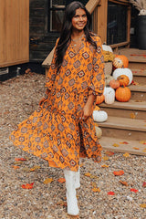 Orange Western Geometric Print Tiered Frilled Loose Fit Midi Dress Midi Dresses JT's Designer Fashion