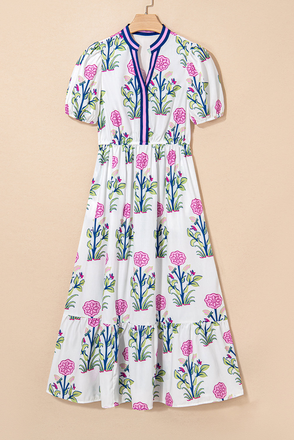 White Floral Puff Short Sleeve V Neck High Waist Maxi Dress Floral Dresses JT's Designer Fashion