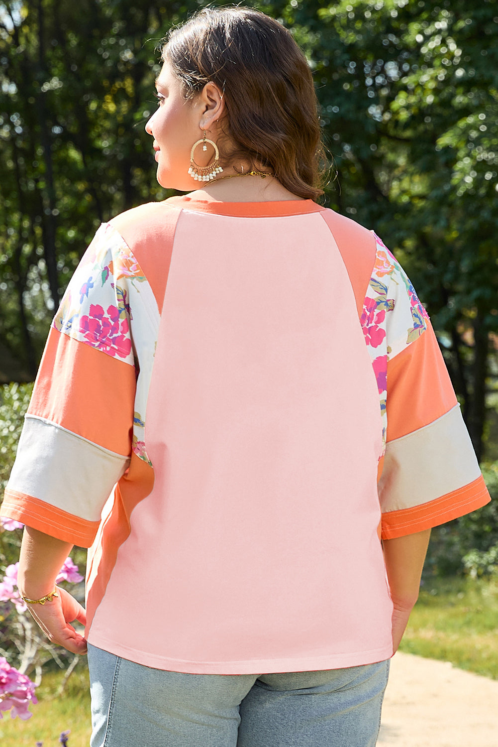 Orange Plus Size Floral Print Patchwork Raglan Half Sleeve Top Plus Size Tops & Tees JT's Designer Fashion