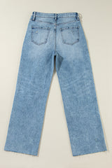 Light Blue Distressed Ripped Raw Hem Straight Jeans Jeans JT's Designer Fashion