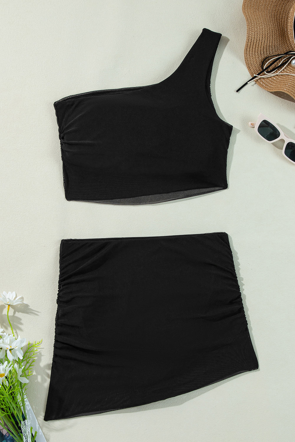 Black Pleated Mesh One Shoulder Bikini Top and Skirts Set Bikinis JT's Designer Fashion