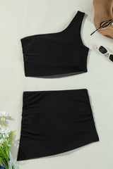 Black Pleated Mesh One Shoulder Bikini Top and Skirts Set Bikinis JT's Designer Fashion