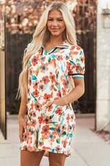 Orange Contrast Trim Floral Split Neck Puff Short Sleeve Tiered Mini Dress Floral Dresses JT's Designer Fashion