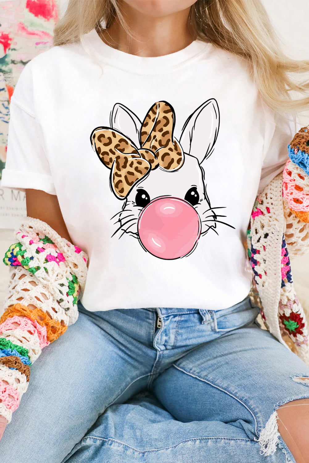 White Leopard Bow Bubble Rabbit Graphic Tee Graphic Tees JT's Designer Fashion