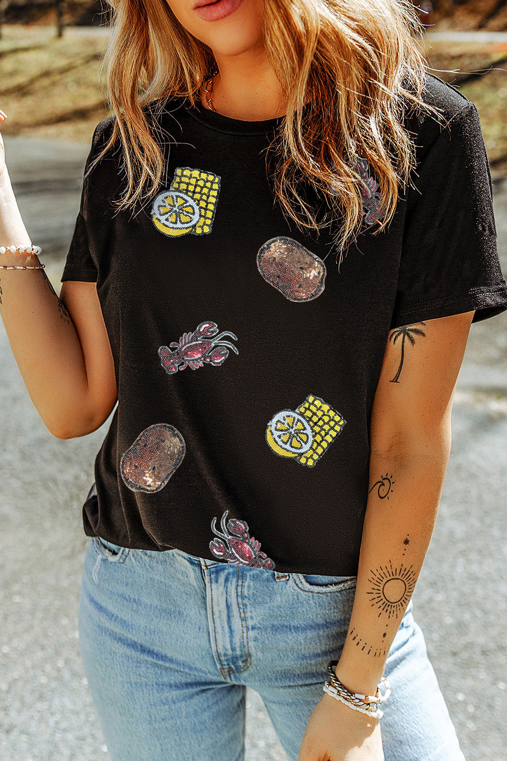 Black Sequin Crawfish Potato Lemon Corn Graphic Crewneck T Shirt Graphic Tees JT's Designer Fashion