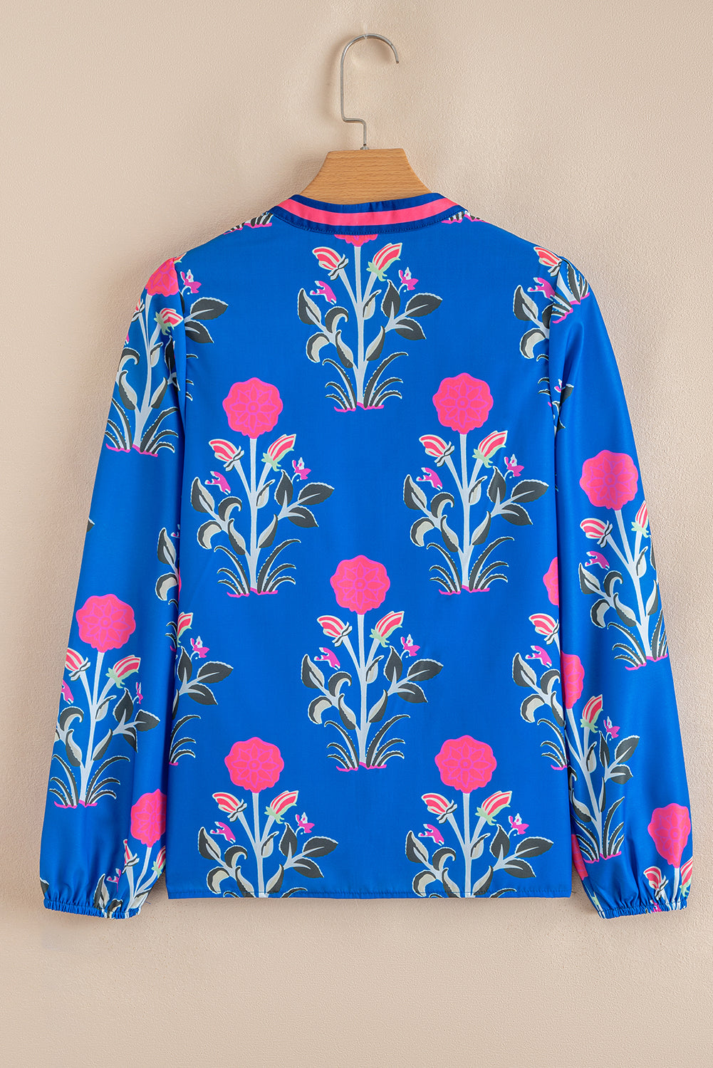 Blue Floral Print Contrast Striped Trim Notched Neck Long Sleeve Blouse Blouses & Shirts JT's Designer Fashion