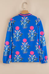 Blue Floral Print Contrast Striped Trim Notched Neck Long Sleeve Blouse Blouses & Shirts JT's Designer Fashion