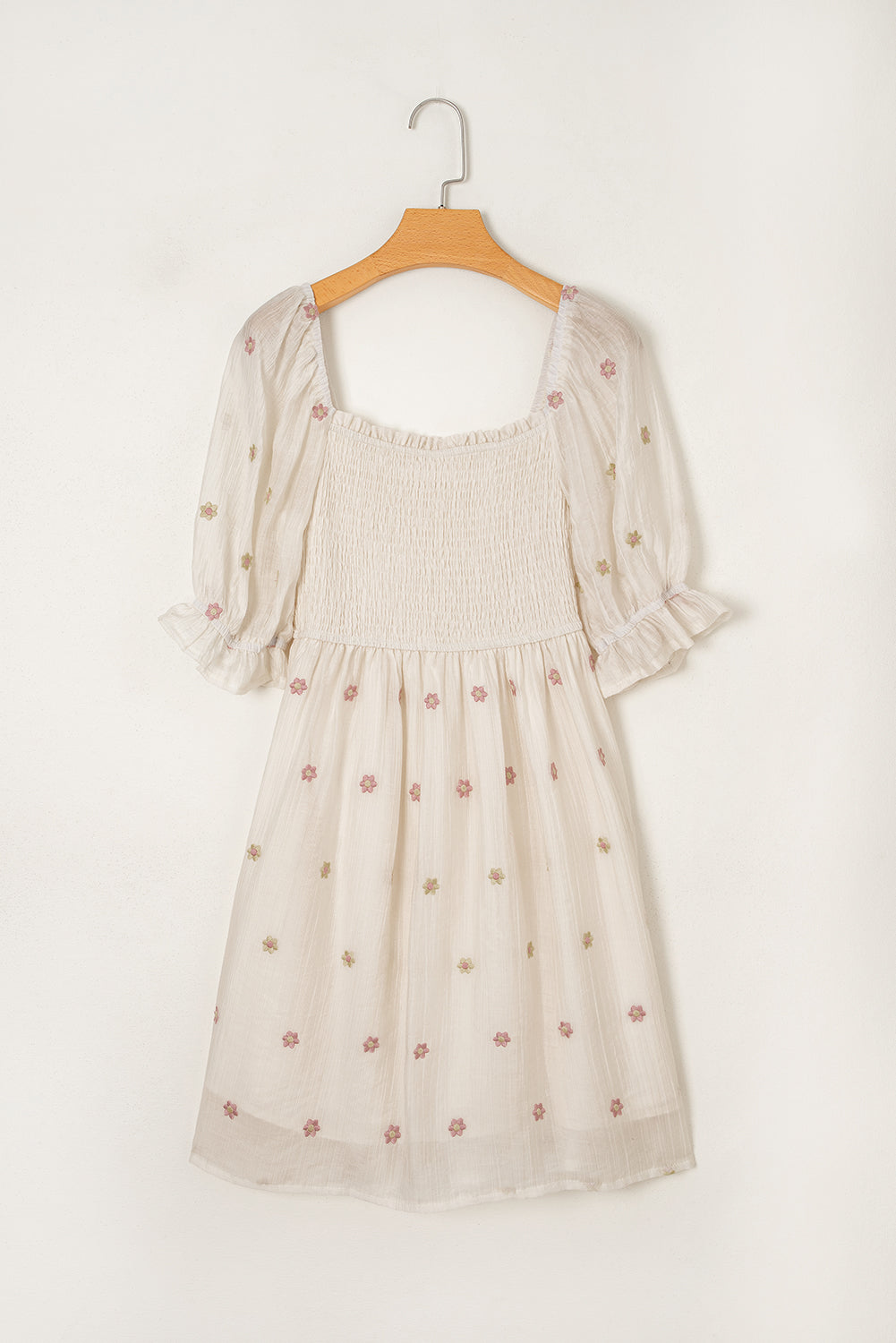 Beige Embroidered Flower Smocked Bust Half Puff Sleeve Empire Waist Textured Flowy Dress Mini Dresses JT's Designer Fashion