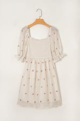 Beige Embroidered Flower Smocked Bust Half Puff Sleeve Empire Waist Textured Flowy Dress Mini Dresses JT's Designer Fashion