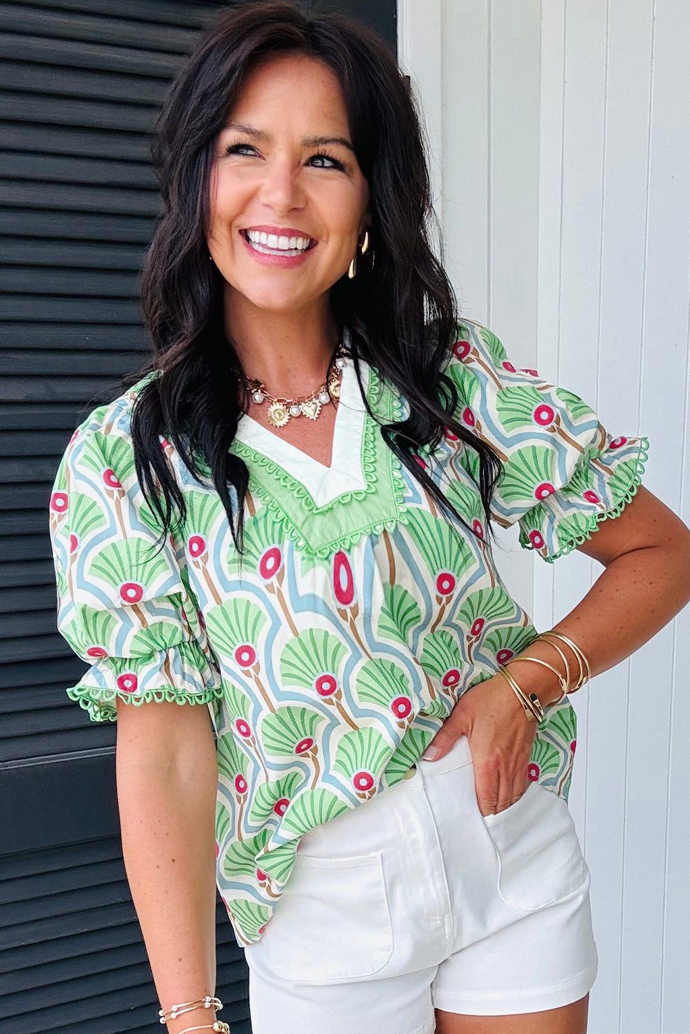 Green Floral Print Ricrac Trim Contrast V Neck Bubble Sleeve Summer Blouse Blouses & Shirts JT's Designer Fashion
