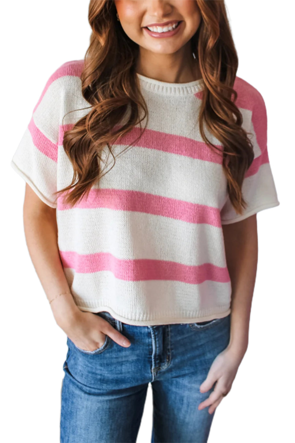 Pink Stripe Dropped Short Sleeve Lightweight Knitted Top Sweaters & Cardigans JT's Designer Fashion