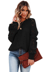 Black Hollow-out Puffy Sleeve Knit Sweater Sweaters JT's Designer Fashion