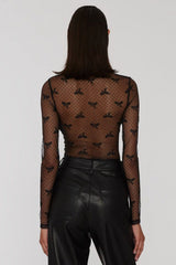 Black Bow Pattern Accent Mesh Long Sleeve Top Long Sleeve Tops JT's Designer Fashion