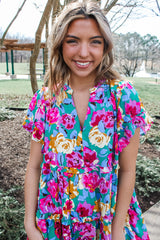 Green Rose Floral Print Ruffled Short Dress Floral Dresses JT's Designer Fashion