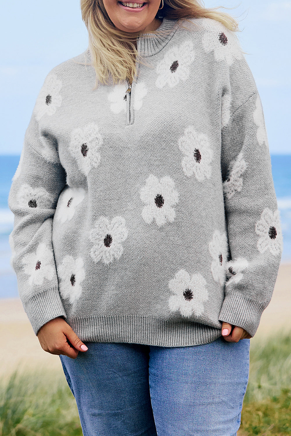 Gray Plus Size Embroidered Floral Pattern Half Zip Sweater Plus Size Sweaters & Cardigans JT's Designer Fashion