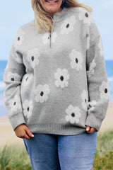 Gray Plus Size Embroidered Floral Pattern Half Zip Sweater Plus Size Sweaters & Cardigans JT's Designer Fashion