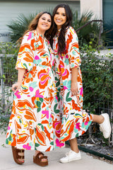 Orange Floral Print Drawstring V Neck Tiered Plus Size Dress Plus Size Maxi Dresses JT's Designer Fashion