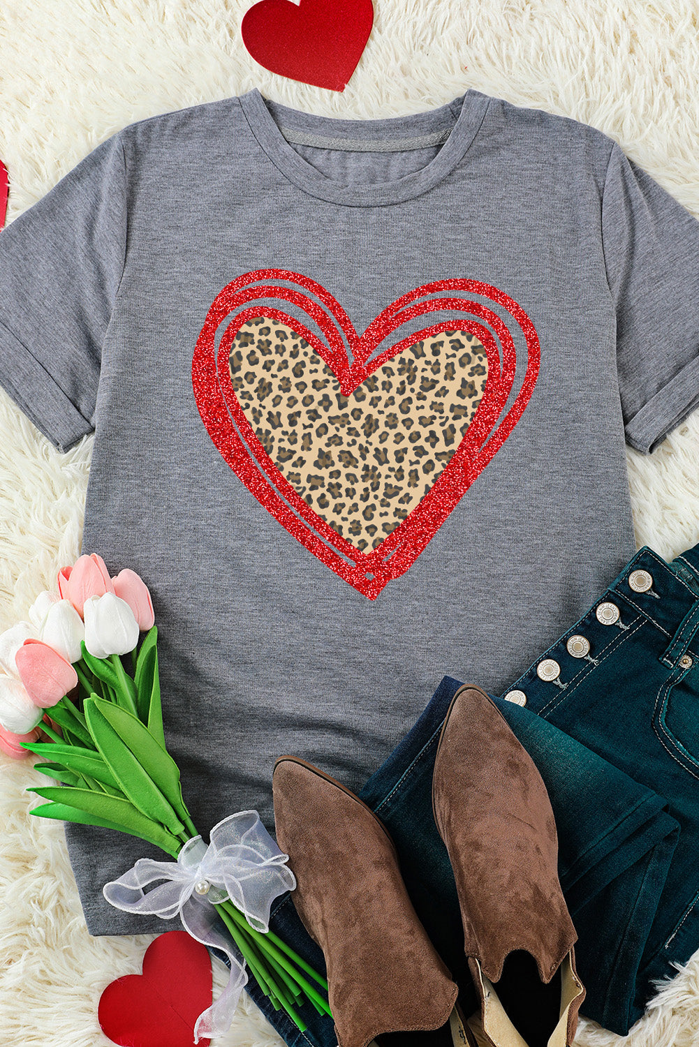 Gray Sequin Leopard Heart Graphic T-shirt Graphic Tees JT's Designer Fashion