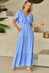 Sky Blue Textured V Neck Flutter Sleeve Ruffled Long Dress Maxi Dresses JT's Designer Fashion