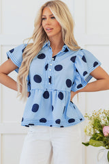 Sky Blue Polka Dot Print Ruffled Short Sleeve Buttoned Collared Blouse Blouses & Shirts JT's Designer Fashion