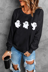Black Halloween Ghosts Print Round Neck Sweatshirt Graphic Sweatshirts JT's Designer Fashion