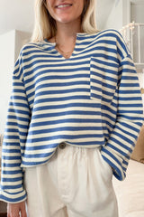 Sky Blue Stripe Chest Pocket Buttoned Back Notched V Neck Top Long Sleeve Tops JT's Designer Fashion