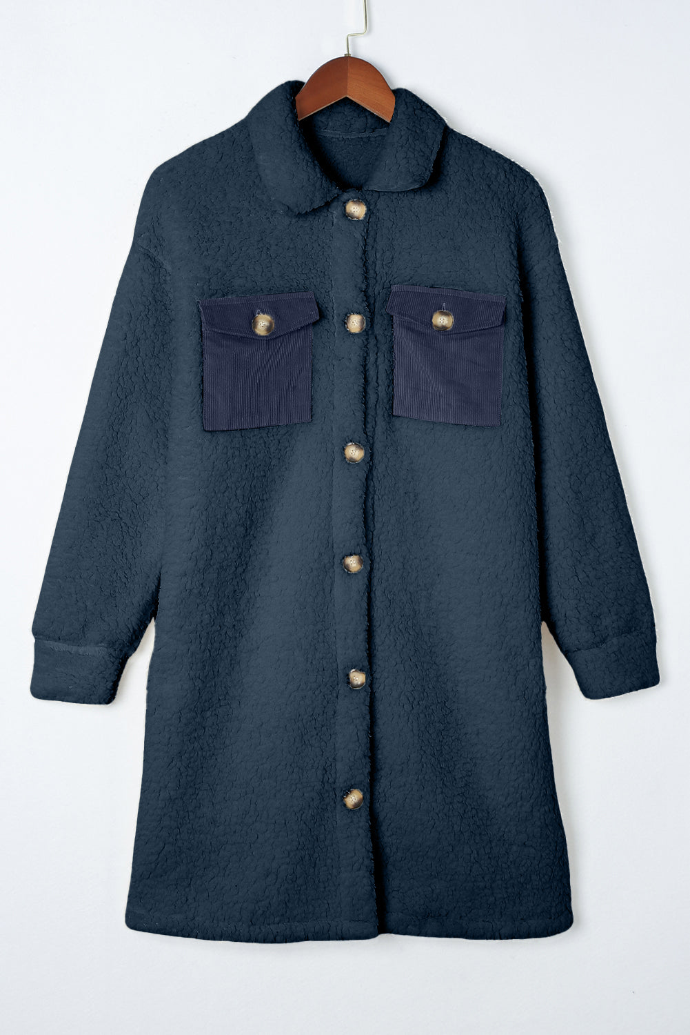 Blue Contrast Flap Pocket Single Breasted Teddy Coat Coats JT's Designer Fashion