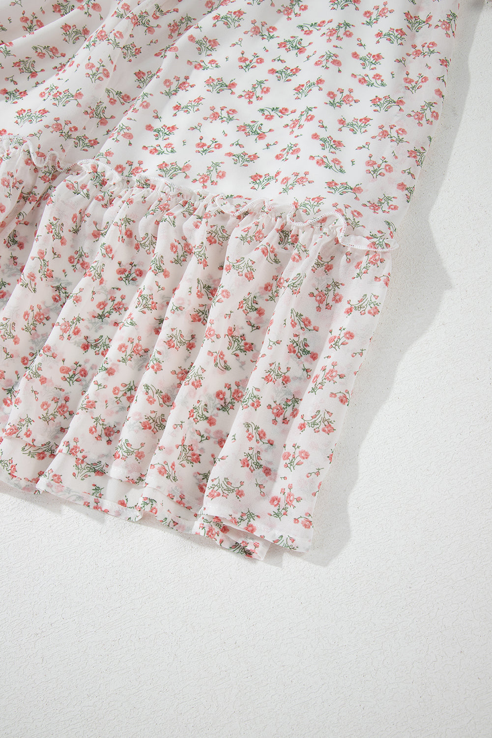 White Floral Print Shirred Ruffled Hem Square Neck Midi Dress Floral Dresses JT's Designer Fashion
