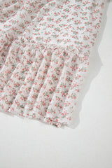 White Floral Print Shirred Ruffled Hem Square Neck Midi Dress Floral Dresses JT's Designer Fashion