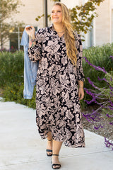 Black Plus Size Floral Printed Puff Sleeve Collared Maxi Dress Black 100%Polyester Plus Size Maxi Dresses JT's Designer Fashion