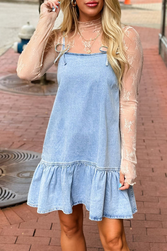 Beau Blue Bow Detail Spaghetti Straps Ruffle Hem Denim Short Dress Mini Dresses JT's Designer Fashion