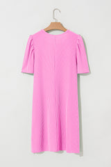 Bright Pink Flag Pattern Inspired Sequin Bow Spiral Ribbed Puff Sleeve T Shirt Dress Graphic Dresses JT's Designer Fashion