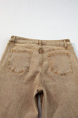 Light French Beige Acid Washed High Rise Cropped Wide Leg Jeans Jeans JT's Designer Fashion