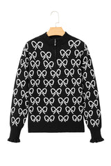Black Cute Bow Pattern Drop Shoulder Zipped Collar Sweater Sweaters JT's Designer Fashion