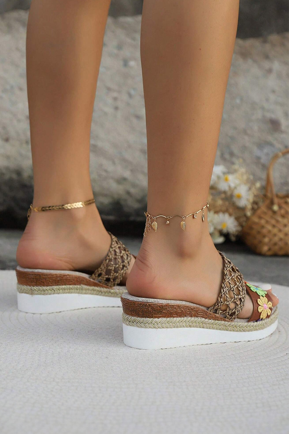 White Floral Print Braided Details Wedge Slippers Slippers JT's Designer Fashion