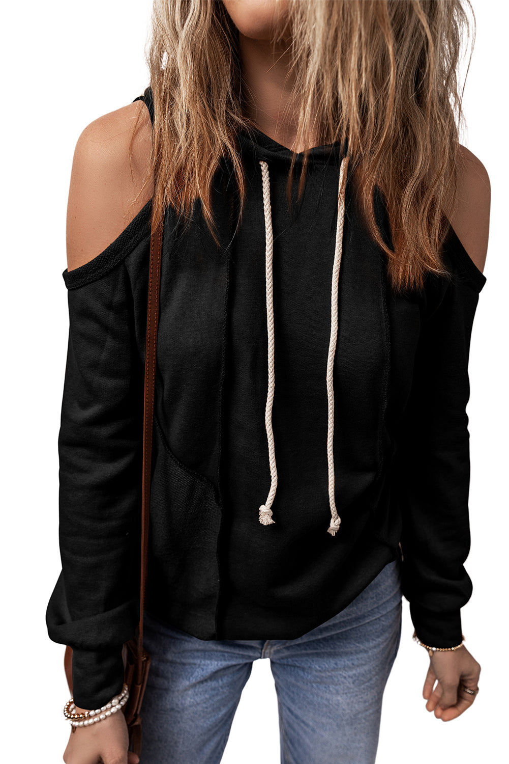 Black Exposed Seam Cold Shoulder Drawstring Hoodie Sweatshirts & Hoodies JT's Designer Fashion