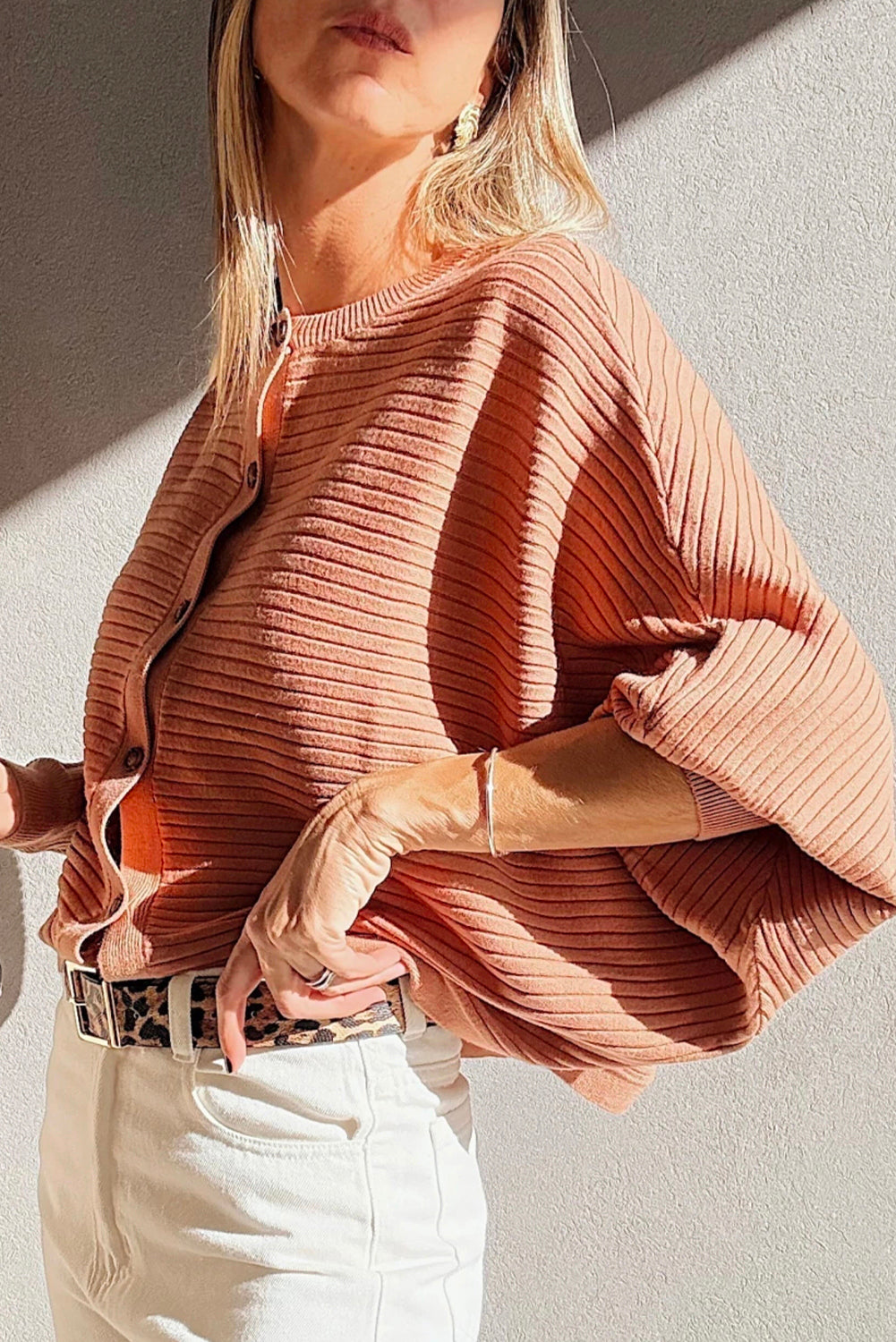 Apricot Pink Wide Rib Knit Button Front Dolman Sleeve Sweater Cardigan Cardigans JT's Designer Fashion