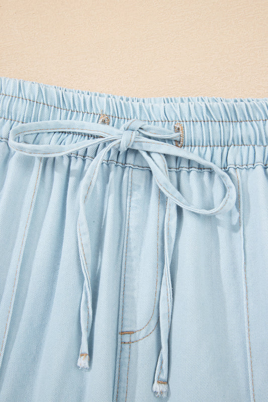 Beau Blue Light Wash Contrast Trim Center Seam Drawstring Elastic Waistband Wide Leg Denim Pants Jeans JT's Designer Fashion