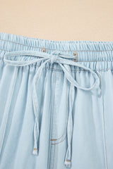 Beau Blue Light Wash Contrast Trim Center Seam Drawstring Elastic Waistband Wide Leg Denim Pants Jeans JT's Designer Fashion