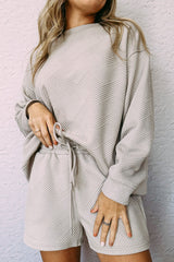 Gray Textured Long Sleeve Top and Drawstring Shorts Set Short Sets JT's Designer Fashion