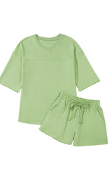 Meadow Mist Green Solid Loose V Neck Half Sleeve Tee and Shorts Short Sets JT's Designer Fashion