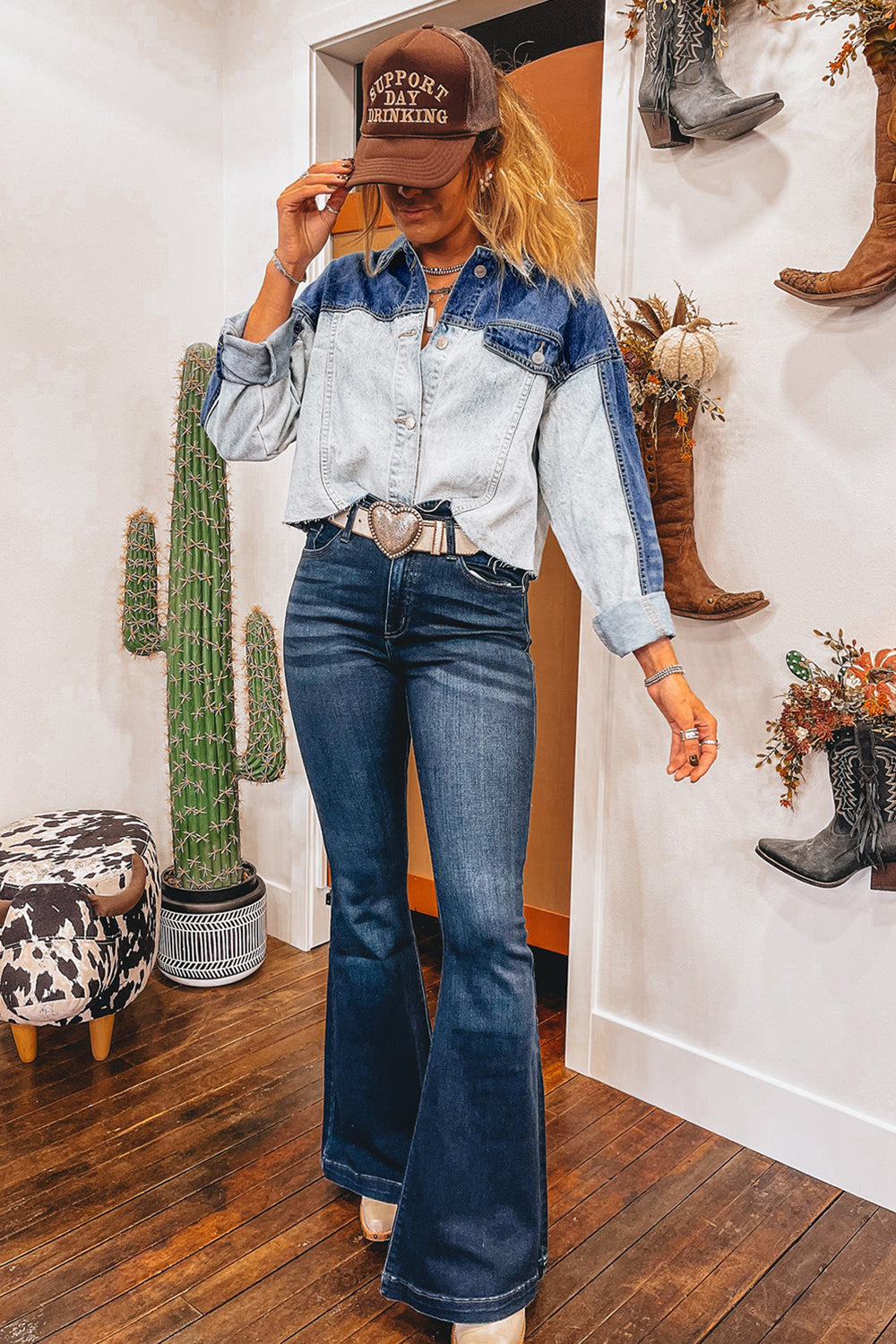 Dusk Blue Color Block Patchwork Flap Detail Distress Denim Jacket Denim Jackets JT's Designer Fashion