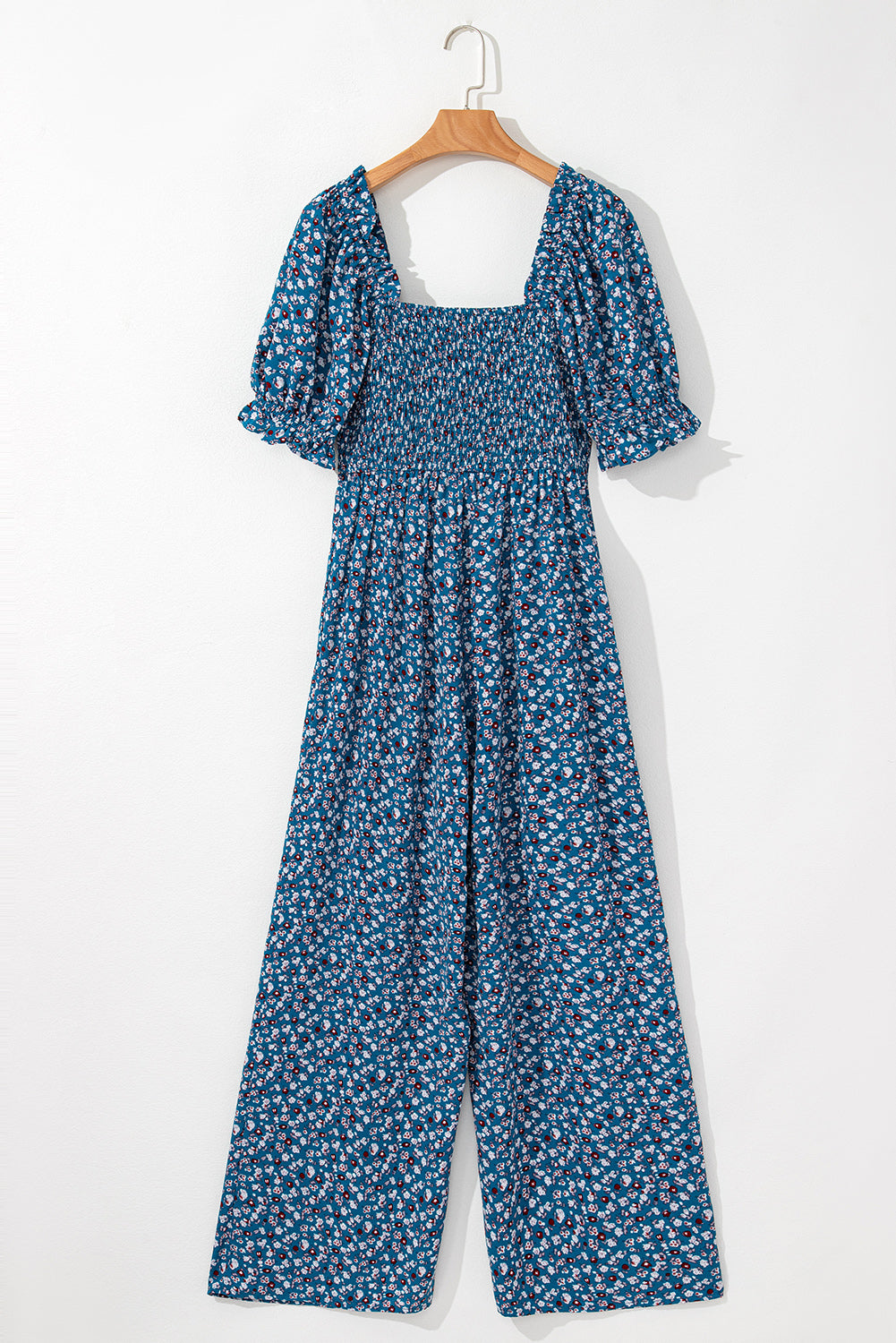 Blue Vintage Boho Floral Smocked Short Puff Sleeve Wide Leg Jumpsuit Jumpsuits & Rompers JT's Designer Fashion