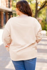 Beige Plus Size Flower Patched Side Slits Crewneck Top Plus Size Tops & Tees JT's Designer Fashion
