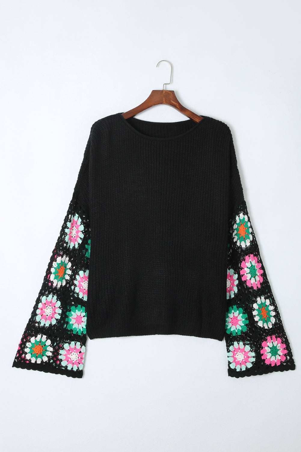 Black Floral Crochet Bell Sleeve Loose Sweater Sweaters JT's Designer Fashion