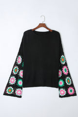 Black Floral Crochet Bell Sleeve Loose Sweater Sweaters JT's Designer Fashion