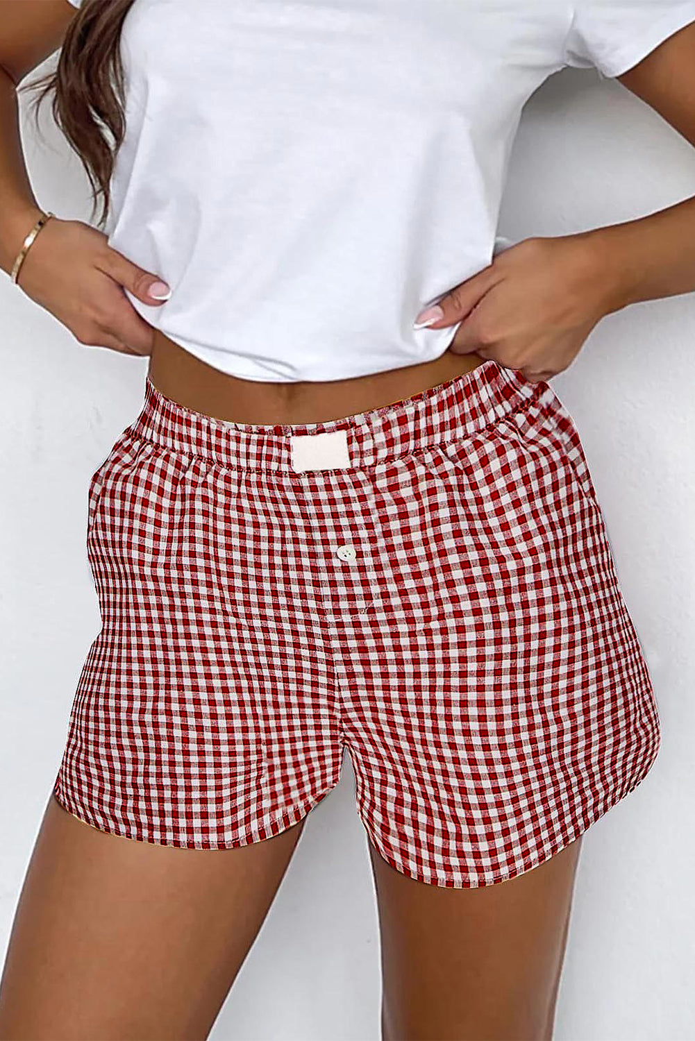 Red Gingham Printed High Waist Shorts Red Stripe 100%Polyester Casual Shorts JT's Designer Fashion