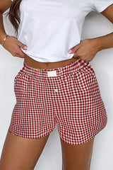Red Gingham Printed High Waist Shorts Red Stripe 100%Polyester Casual Shorts JT's Designer Fashion